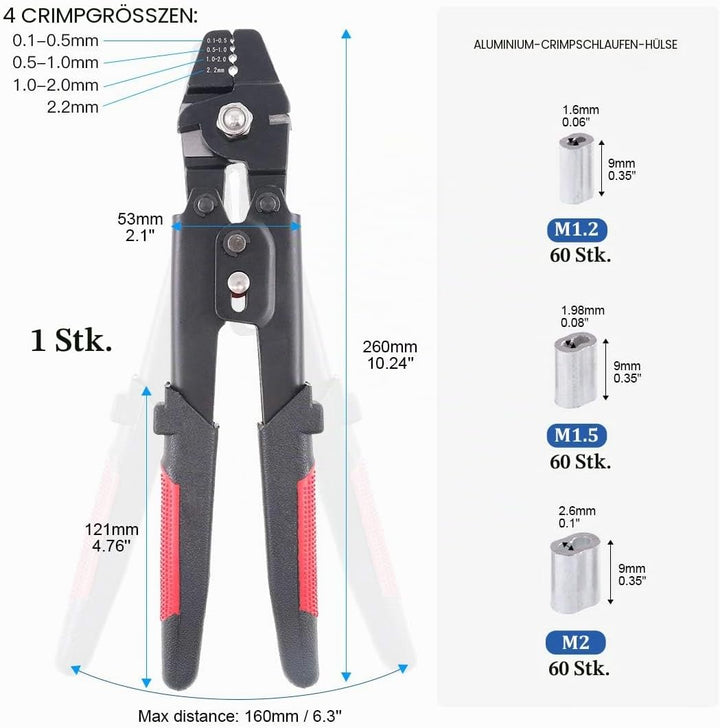 Glarks Drahtseil-Crimpzange bis zu 2,2 mm, Drahtseilwickler, Crimpzange zum Angeln, Crimpzange mit 1
