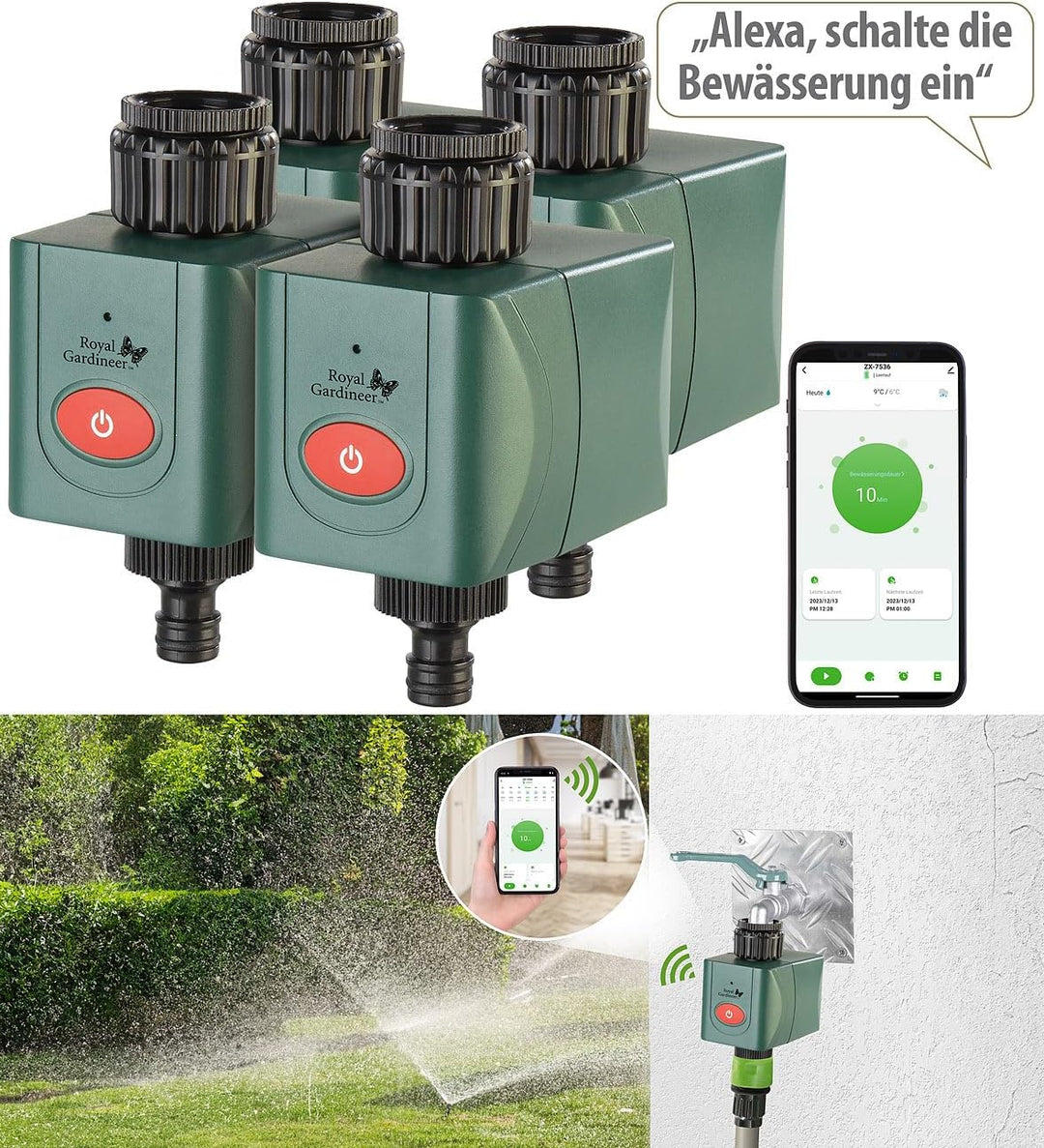 Royal Gardineer Elesion Bewässerung: 4er-Set WLAN-Bewässerungscomputer mit Ventil, App-Wetterdatenab