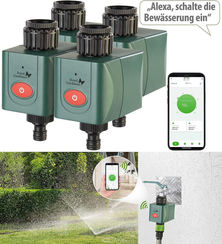 Royal Gardineer Elesion Bewässerung: 4er-Set WLAN-Bewässerungscomputer mit Ventil, App-Wetterdatenab