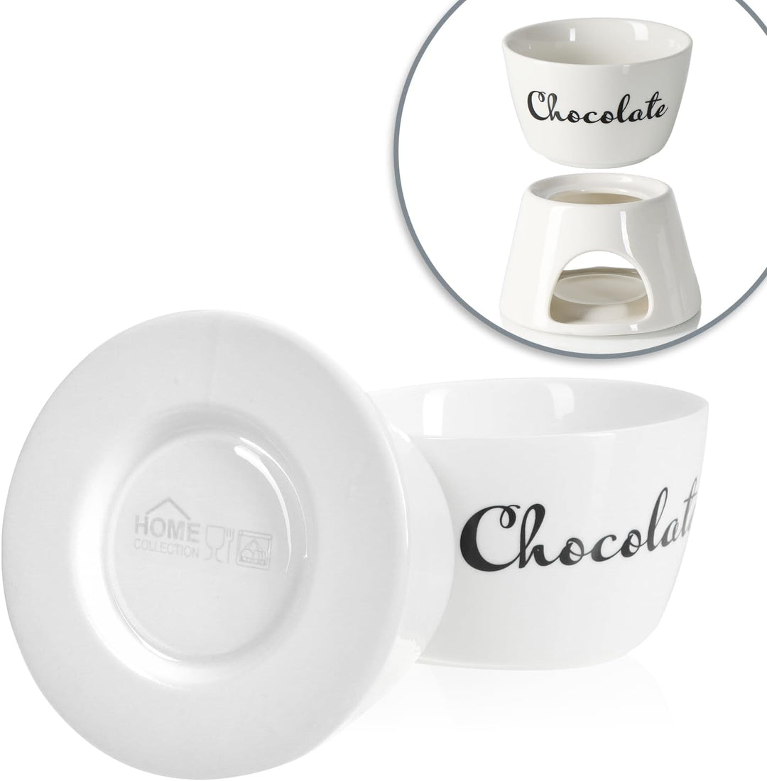 com-four® Schokoladenfondue-Set mit Schriftzug - Schmelztopf für Schokolade und Käse - Keramikschale