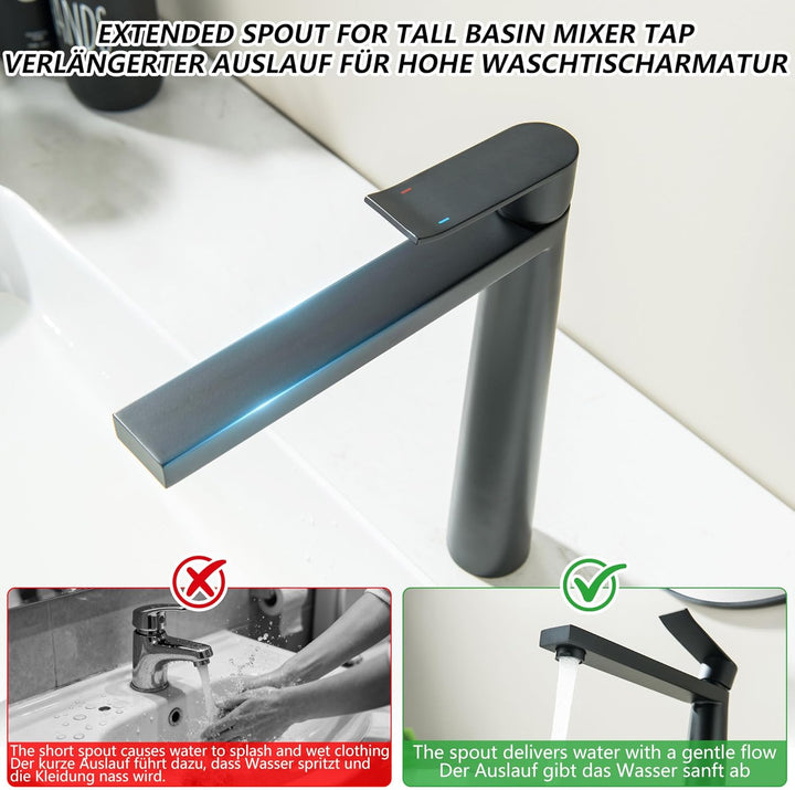 Waschtischarmatur Hoch, Matt Schwarz Wasserhahn Bad Waschtisch, Einhebelmischer Mischbatterie für Wa