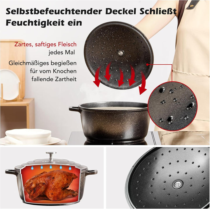 Bräter mit Deckel Schmortopf Induktion 28 cm Brot Backen Dutch Oven Stil, leichter als Gusseisen Top