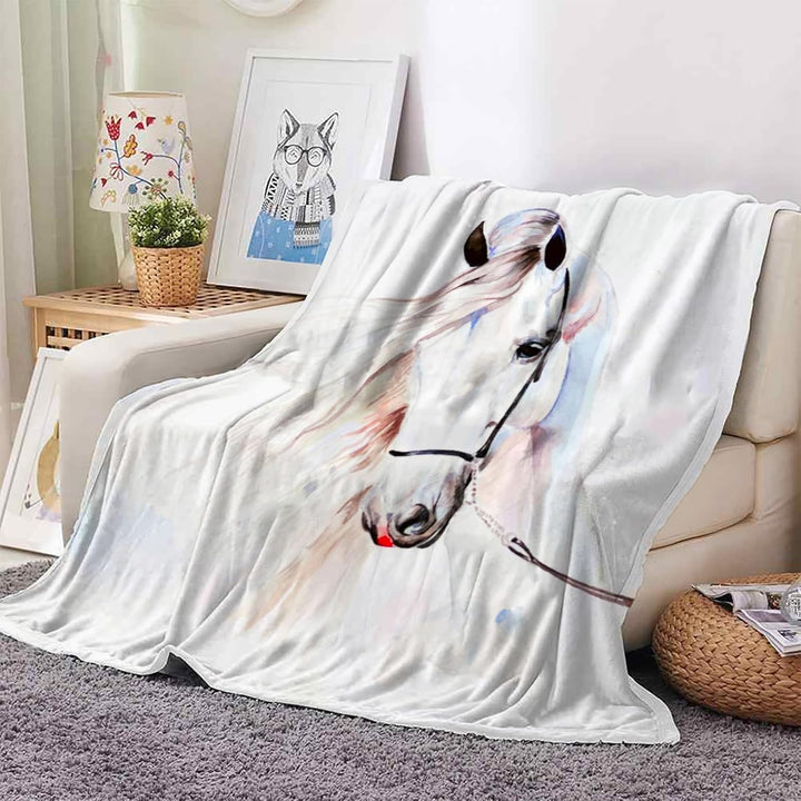 Weiche Decke mit weissem Pferd 150x200 cm, Pferdemotiv 3D Tier Motiv, Mikrofaser, Sehr Weich, Kinder