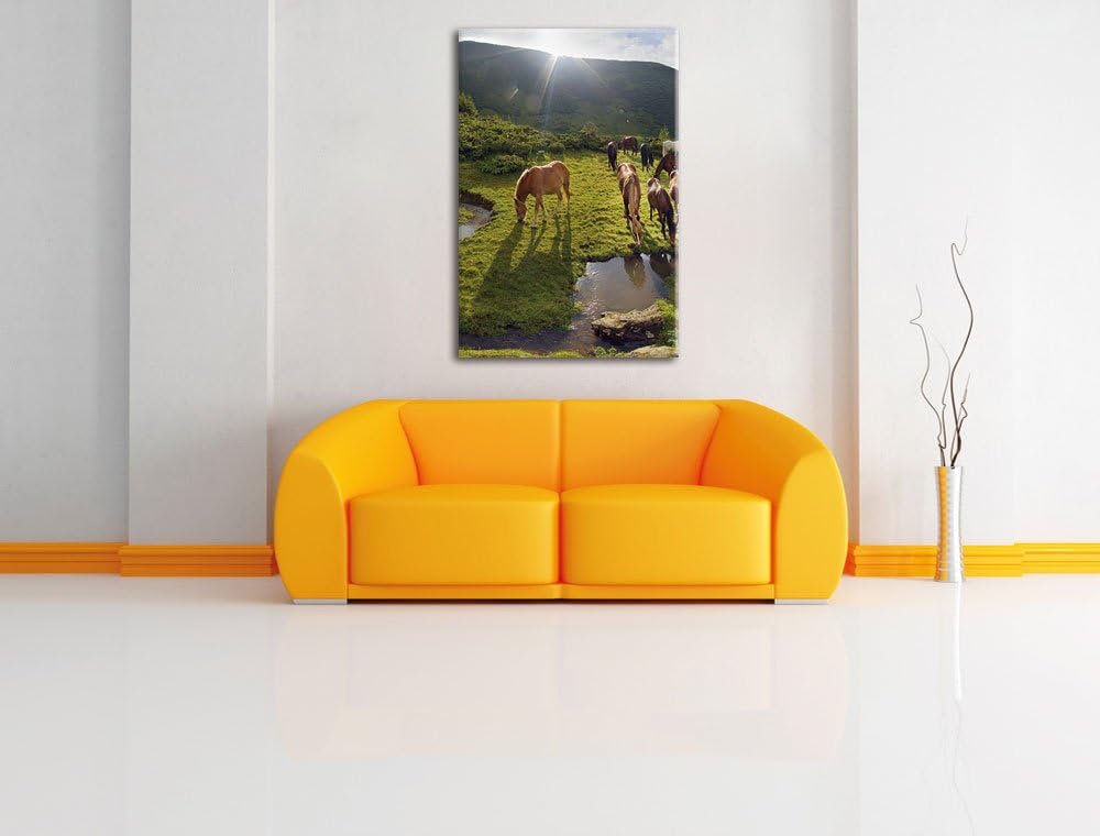 Pferde auf Wiese, Format: 100x70 auf Leinwand, XXL riesige Bilder fertig gerahmt mit Keilrahmen, Kun