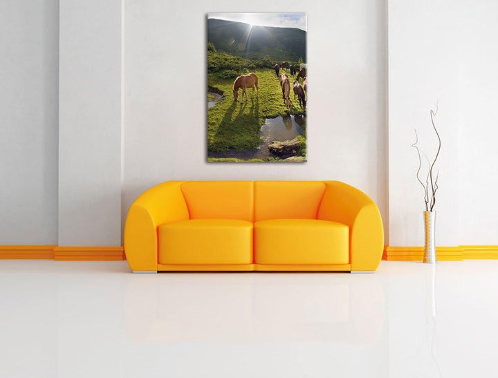 Pferde auf Wiese, Format: 100x70 auf Leinwand, XXL riesige Bilder fertig gerahmt mit Keilrahmen, Kun