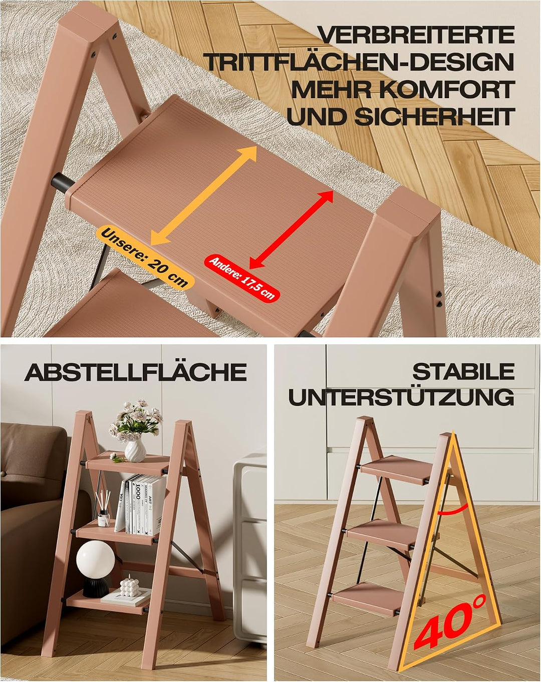 Trittleiter 3 Stufen klappbar,Tritthocker aus Aluminium | 150 kg Tragfähigkeit,Leiter mit rutschfest