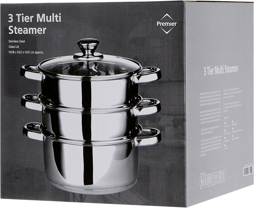 Premier Housewares Dampfgarer, Edelstahl, Glasdeckel, 28*22*22, Silver, 0408129 Dampfer, Dampfer