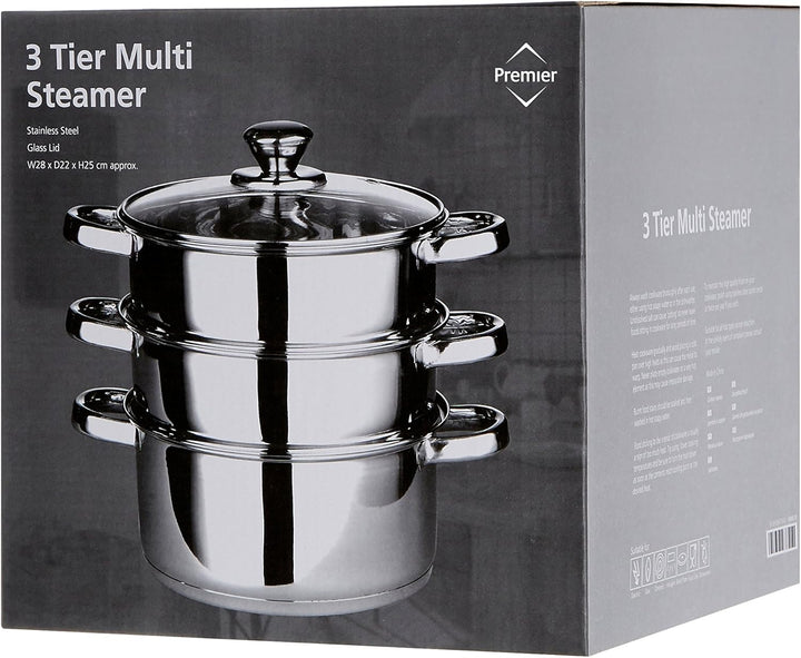 Premier Housewares Dampfgarer, Edelstahl, Glasdeckel, 28*22*22, Silver, 0408129 Dampfer, Dampfer