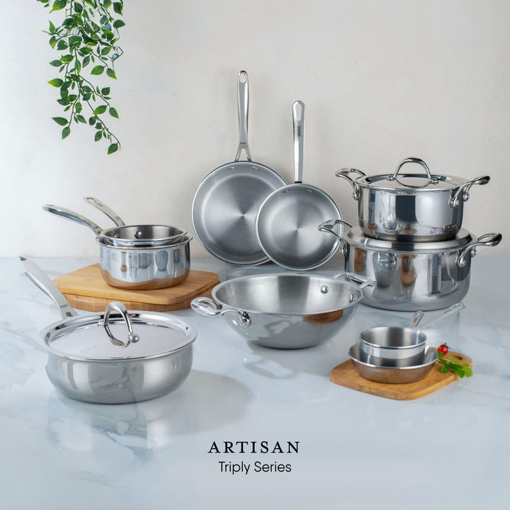 Stahl Artisan Triply Edelstahl-Wok mit Deckel, tiefe Bratpfanne, Induktionsboden, Brat-Wok, Induktio