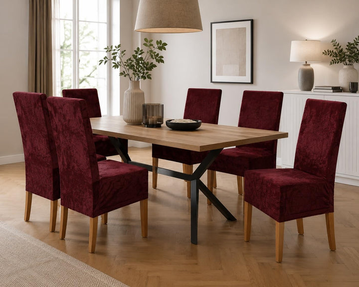 SCHEFFLER-Home Stretch Stuhlhussen Samt Puma Velvet/Velours Stuhlhussen Bordeaux 6er Set/Stuhlabdeck
