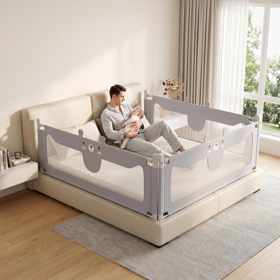 XMTECH Baby Bettgitter 180 cm Bärenmotiv Rausfallschutz, klappbar | Leinenstoff/Metall/Kunststoff; 2