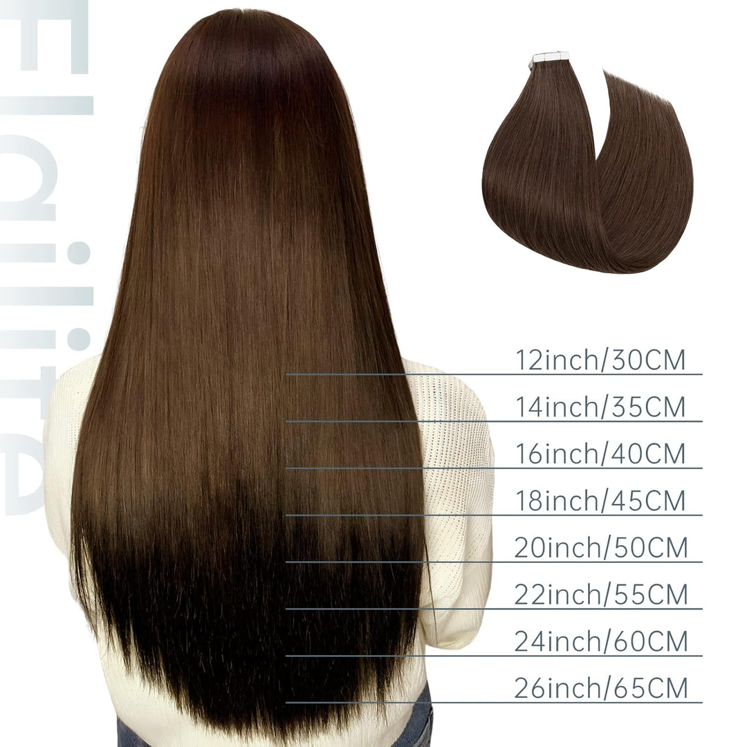 Elailite Echthaar Extensions Tape Braun, 20 stück Mini Tape Invisible Kleber, 50cm Haarverlängerung