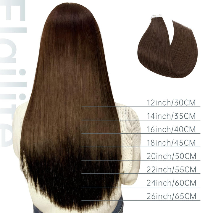 Elailite Extensions Echthaar Tape #04 Schokobraun, 20 Stück/Packung Real Human Hair, 35cm Indian Haa