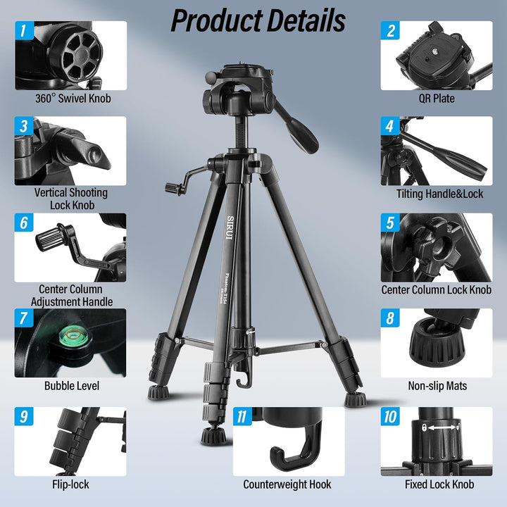 SIRUI Kamera Stativ 154cm, Aluminium Camera Tripod mit Telefonklemme Dreibein-Stative Fotostativ für