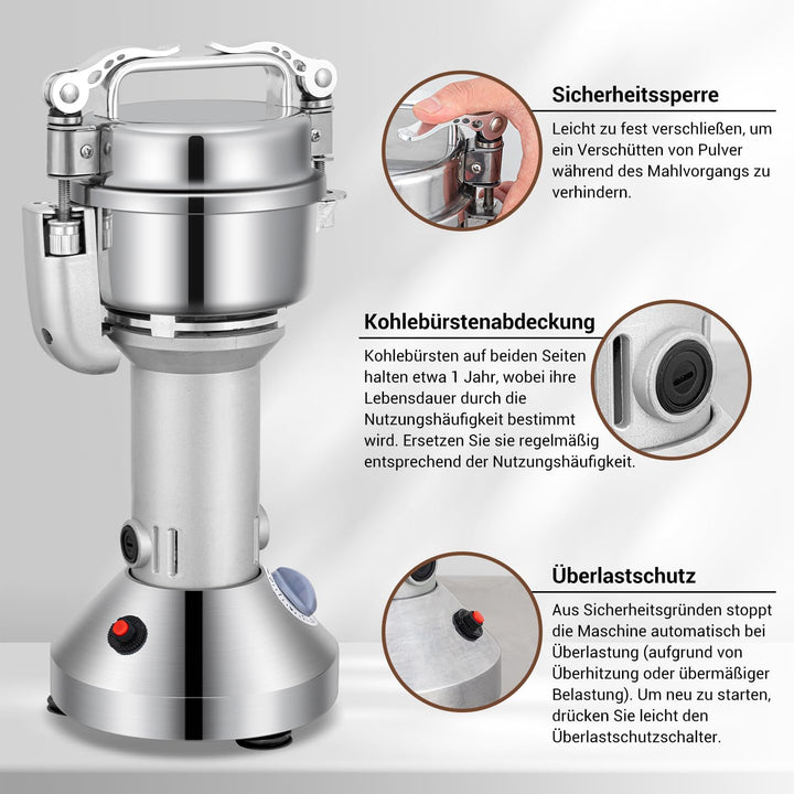 Elektrische Getreidemühle Mühle, 100g Kommerzielle Gewürzmühle 400W Edelstahl Pulverisator Trockenma