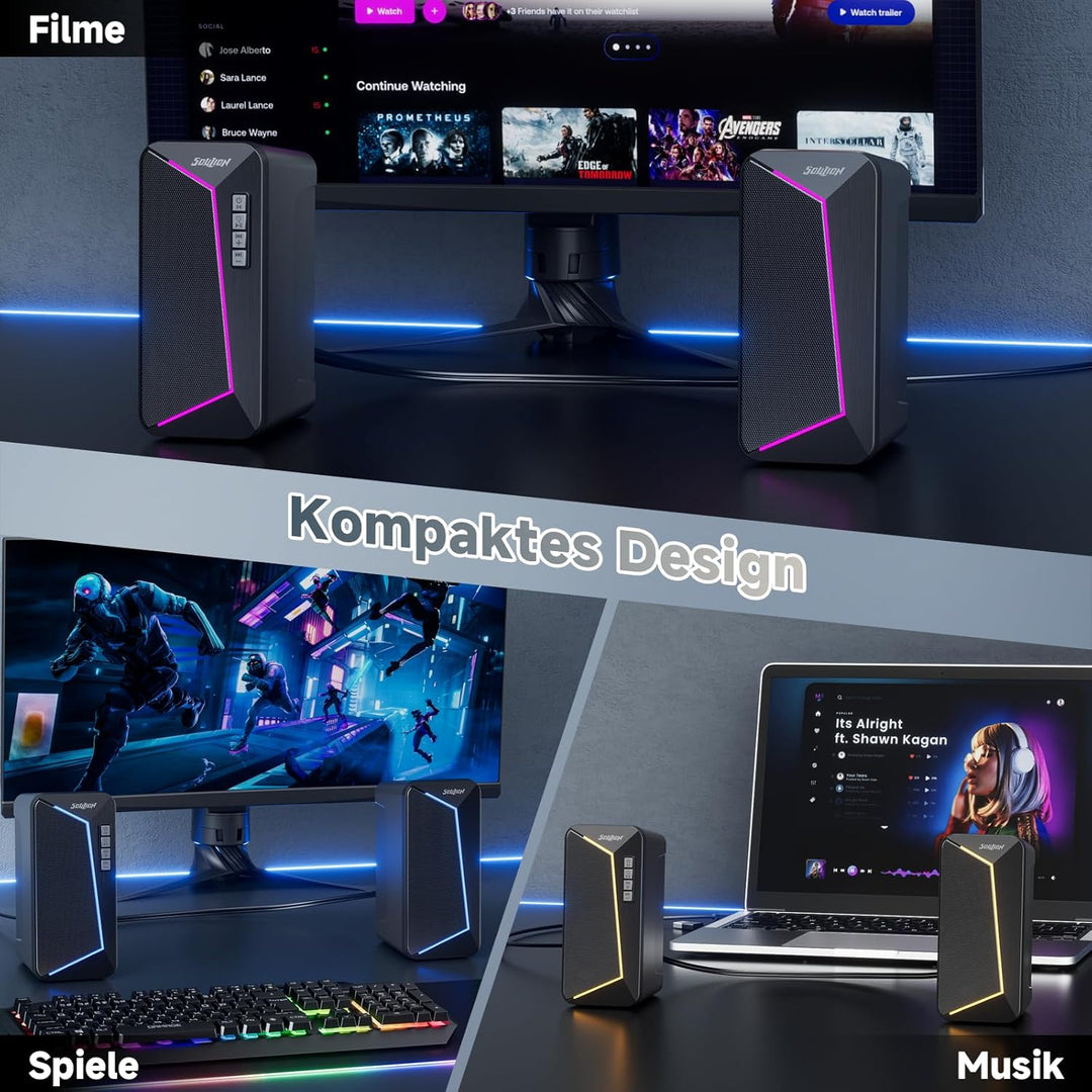 SOULION R40 PC Lautsprecher, USB-C/USB-betriebene Computer Stereo mit Lautstärkeregler, LED-Beleucht