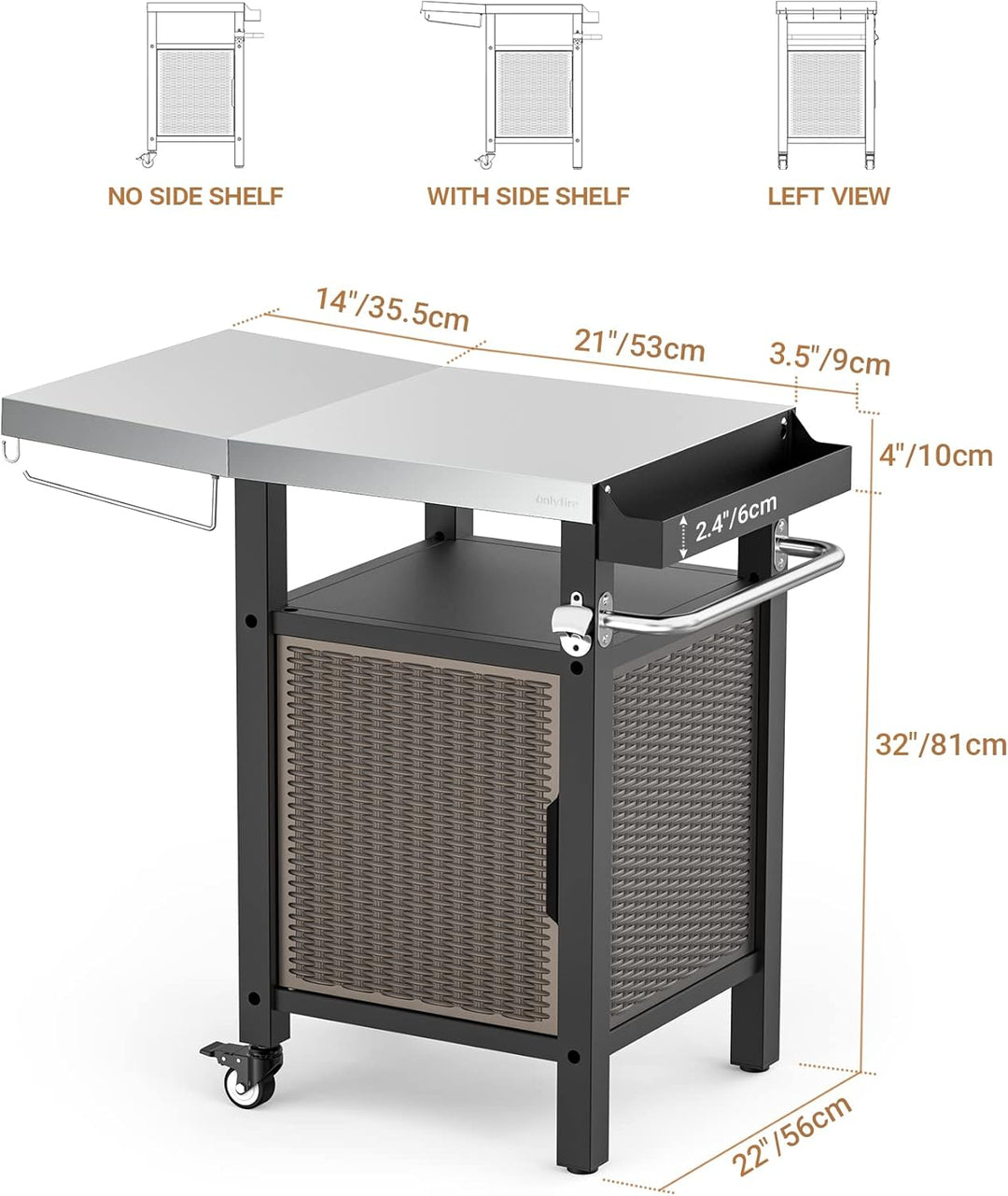 onlyfire Grilltisch Outdoor, Grillwagen mit Abklappbare Seitenablagen, Outdoor Servierwagen mit Roll