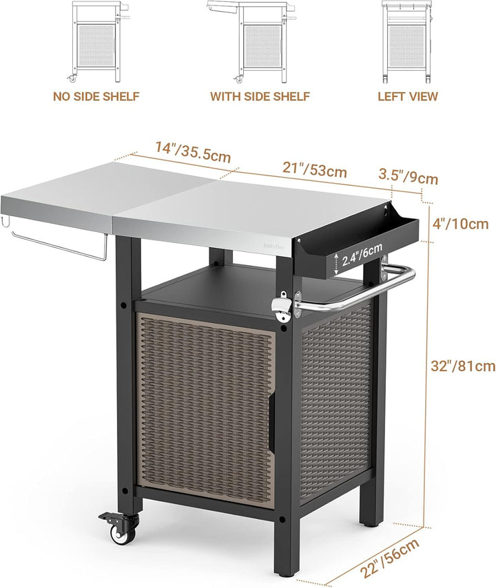 onlyfire Grilltisch Outdoor, Grillwagen mit Abklappbare Seitenablagen, Outdoor Servierwagen mit Roll