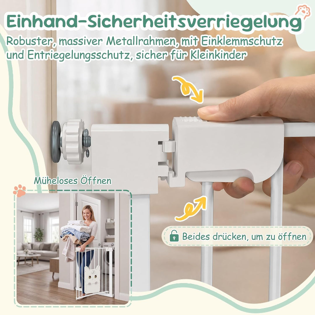 XMTECH Türschutzgitter mit Katzenklappe, ohne Bohren Weiss 95-105cm | Selbstschliessend mit 90° Stop