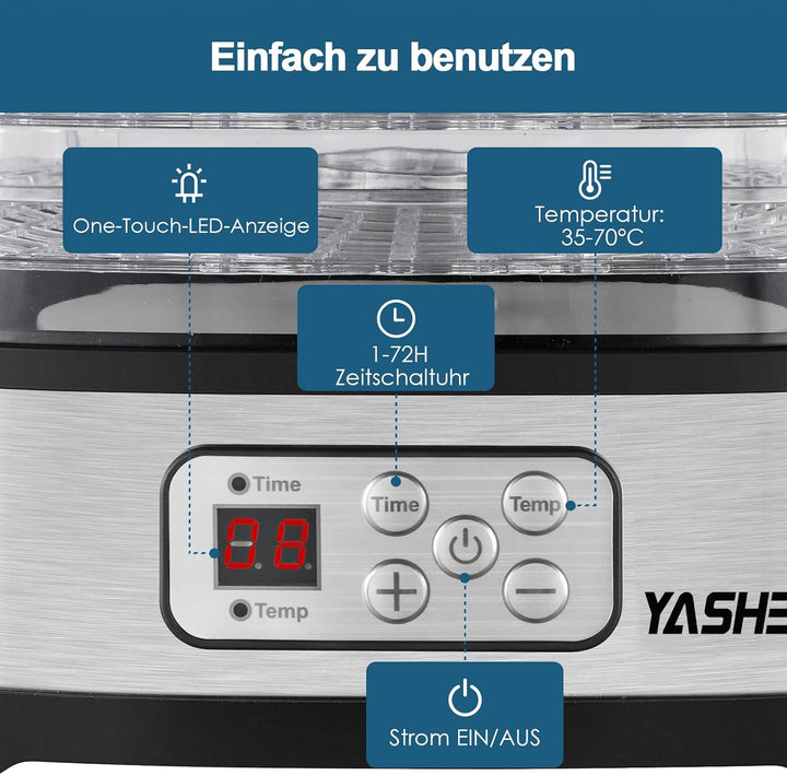 YASHE GGJ-261B Dörrautomat mit LED-Display, Temperaturregelung 35-70°C & 72-Stunden-Timer, 5 höhenve