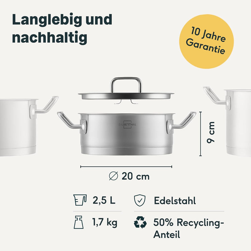 SILBERTHAL Kochtopf Induktion 20 cm - Edelstahl - 2,5L - Topf mit Deckel zum Einhängen - Für alle He