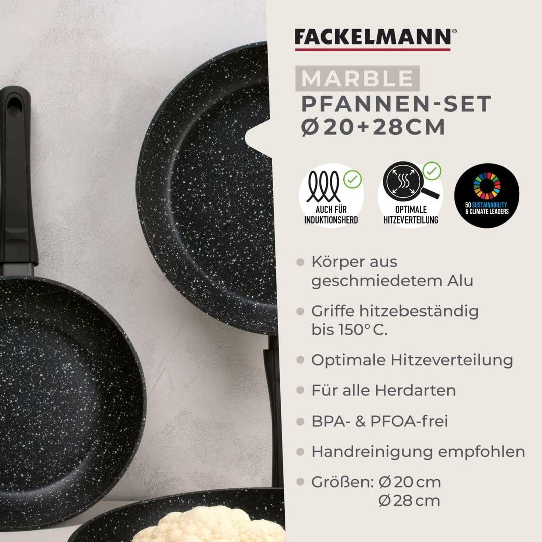 Fackelmann Bratpfannen Set Marble 20 cm & 28 cm, Antihaft-Pfannen aus 90% recyceltem Aluminium mit e