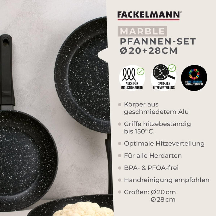 Fackelmann Bratpfannen Set Marble 20 cm & 28 cm, Antihaft-Pfannen aus 90% recyceltem Aluminium mit e
