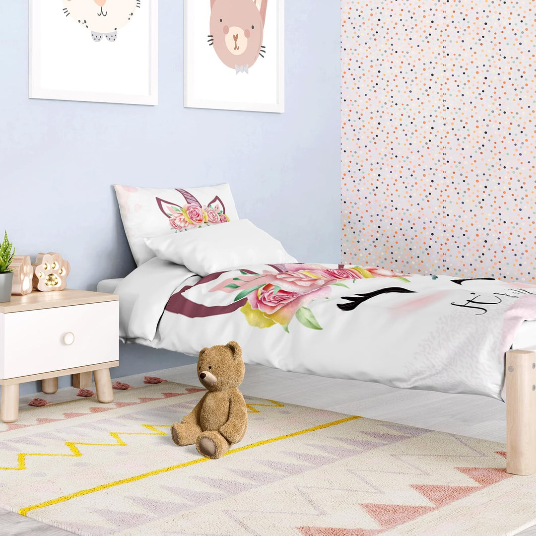 DJDEA Kinderbettwäsche Einhorn 100x135 cm, Weich Mikrofaser Mädchen Bettwäsche, 2tlg Baby Bettwäsche
