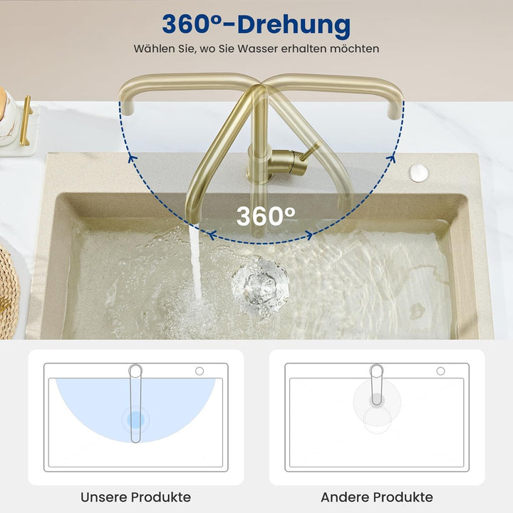 CECIPA Wasserhahn Küche Gold, 360° Drehbar Hochdruck Armatur Küche, Armatur mit Brause, Gold