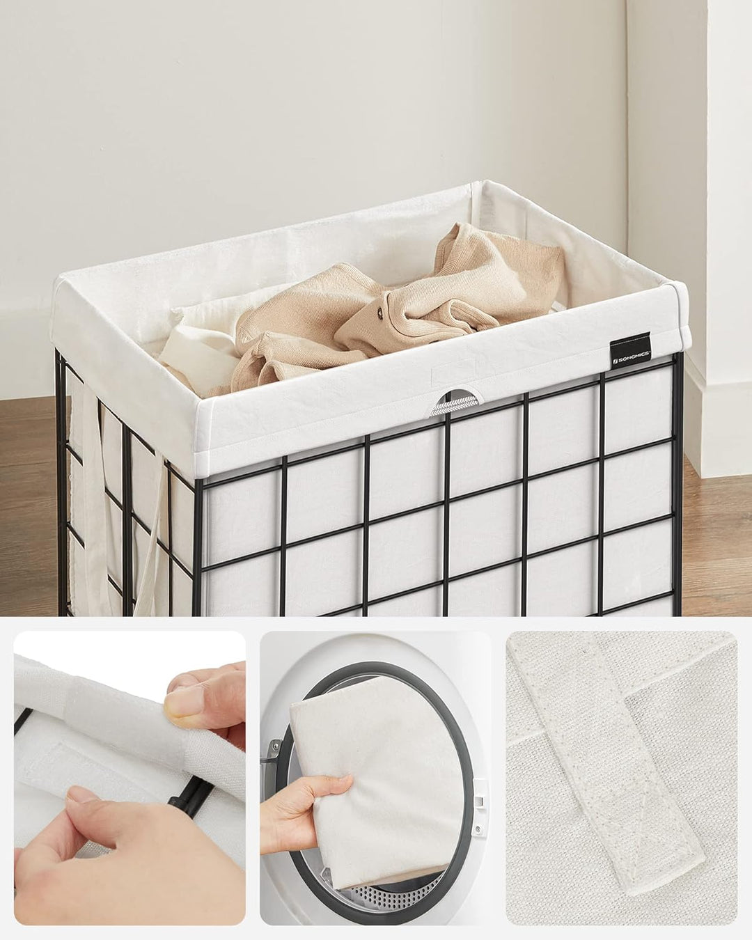 SONGMICS Wäschekorb 90L, faltbarer Wäschesammler, abnehmbarer und waschbarer Wäschesack, Metalldraht