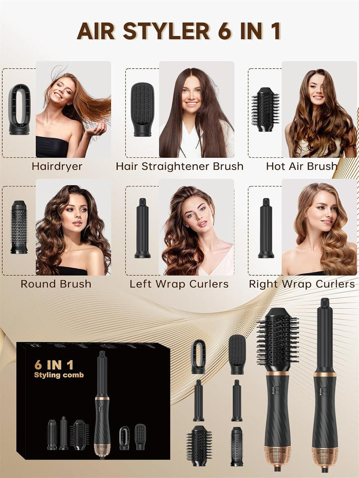 Hair Styler 6 in 1, Airstyler Haarstyler Set mit Rundbürstenföhn, Warmluftbürste, Airflow Lockenstab