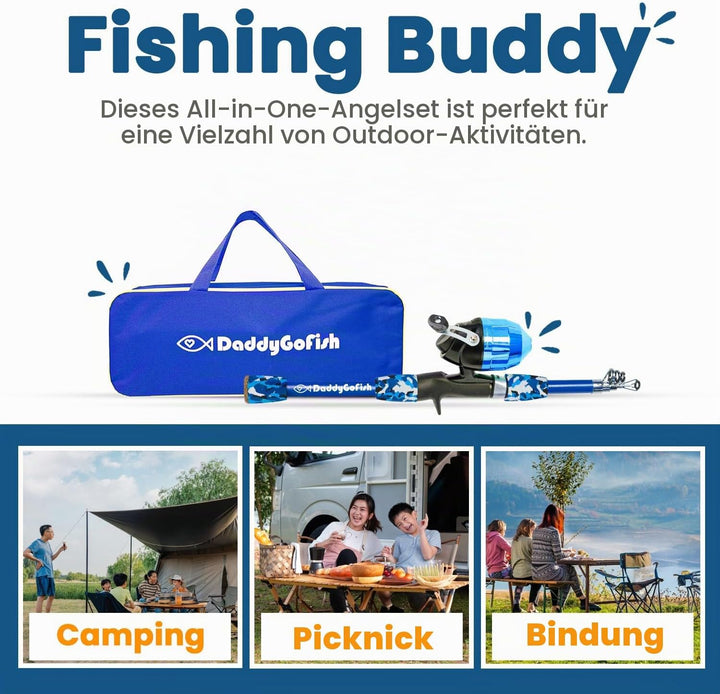 DaddyGoFish Kinder Angelset - Teleskoprute &amp; Rolle Combo mit Klappstuhl, Rutenhalter, Tackle Box, Kö