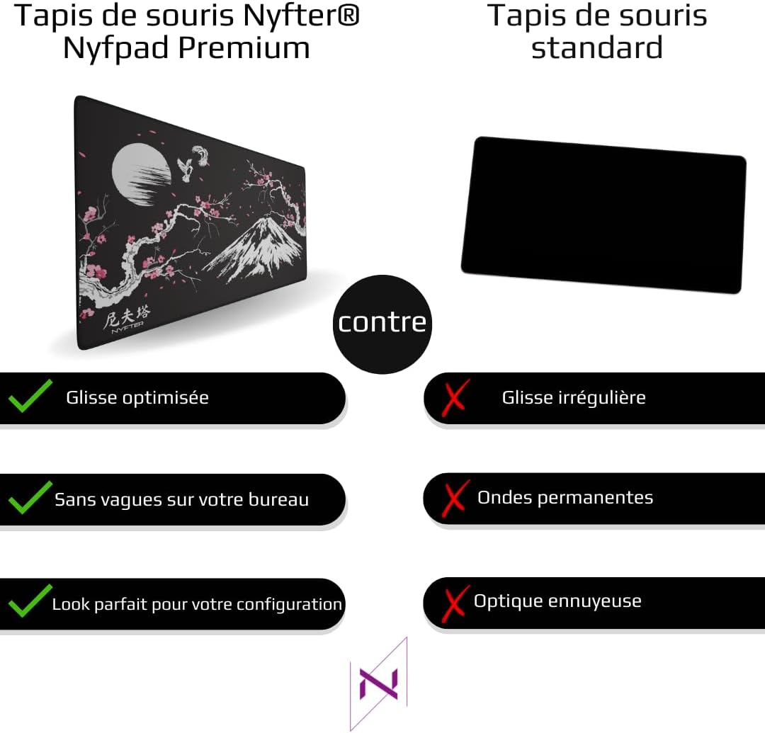 Nyfter - XXL Gaming Mauspad Sakura Weiss 900 x 500mm Premium Fuji Mousepad Size Gross vernähte Kante