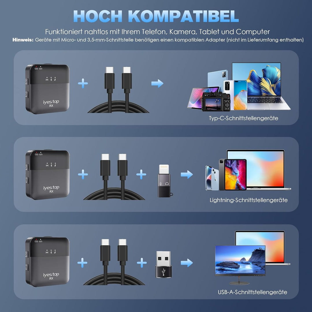 Lavalier Mikrofon Kabellos für iPhone/USB C Handy - Mini Wireless Bluetooth Ansteckmikrofon mit Echt