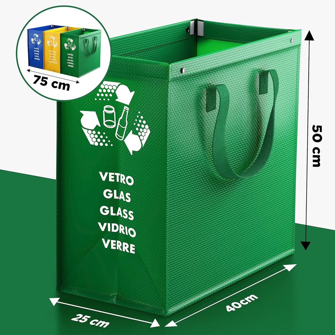 PTMS® Mülltrennsystem Taschen für Papier, Glas und Plastik - Umweltfreundliche Mülleimer 3 Fächer -