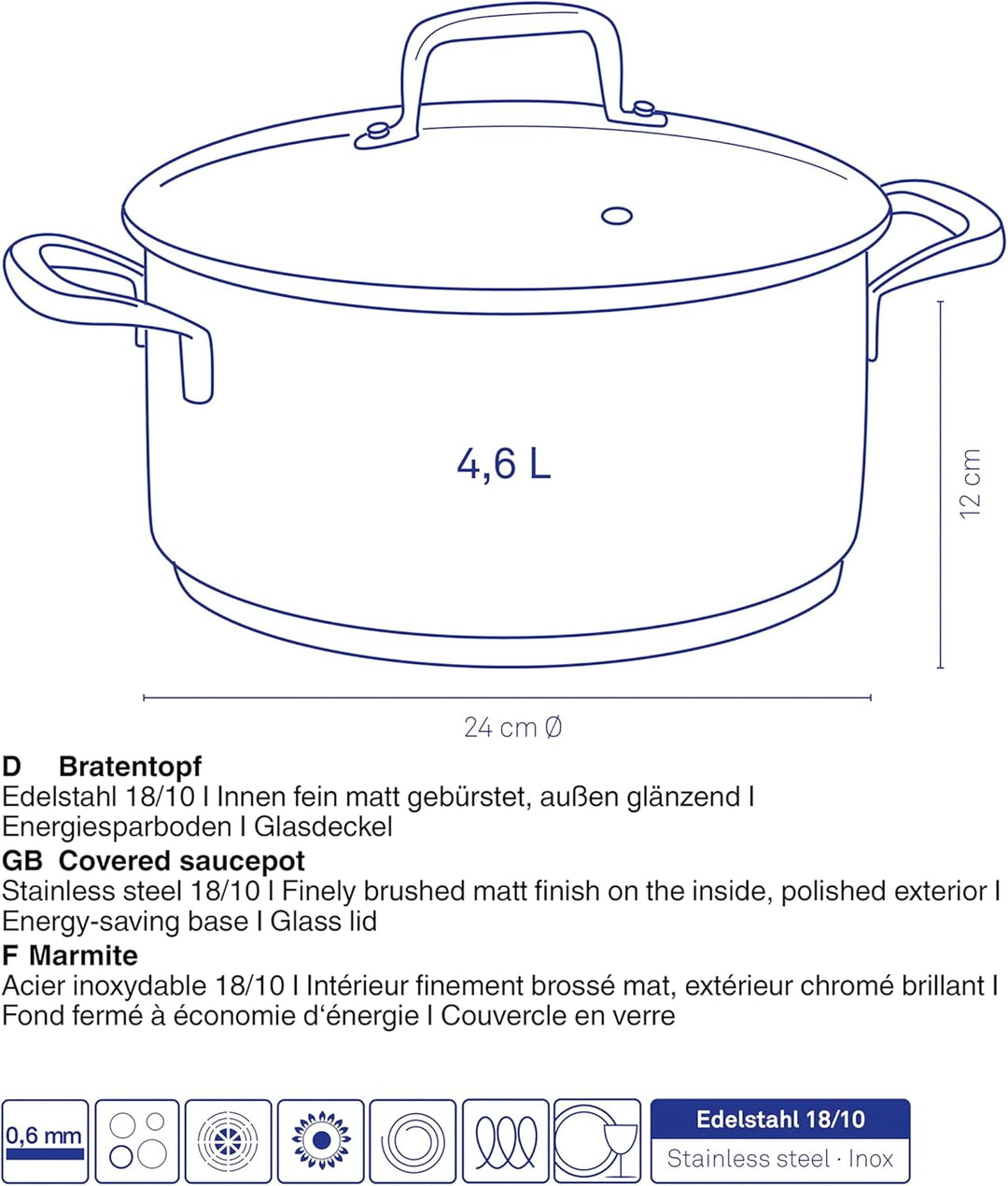 kela Bratentopf 24 cm FLAVORIA, Kochtopf Induktion 4,6 L, Glasdeckel mit Dampfauslassventil, Innensk