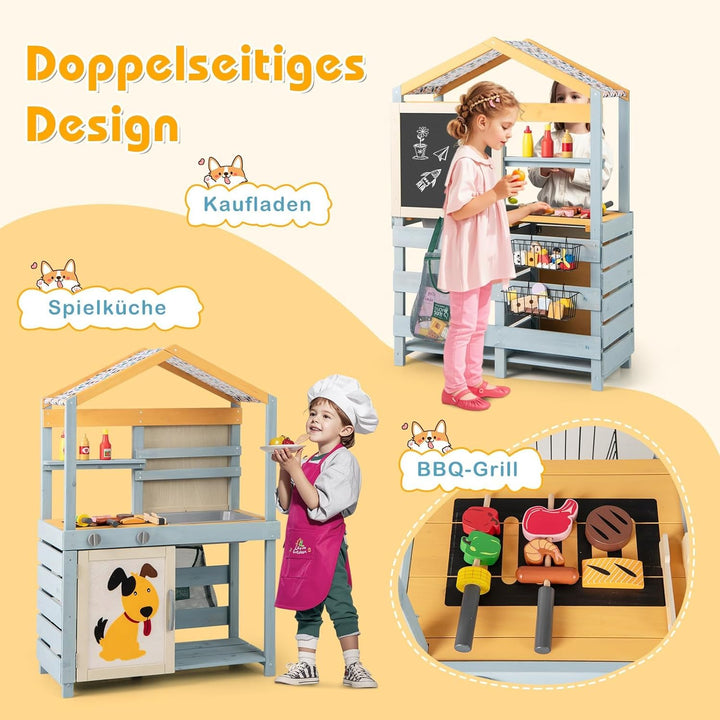 COSTWAY 2-IN-1 Matschküche Kinder Outdoor, Kinderküche Holz mit Tasche & Körben, Tafel & Zubehör, Sp