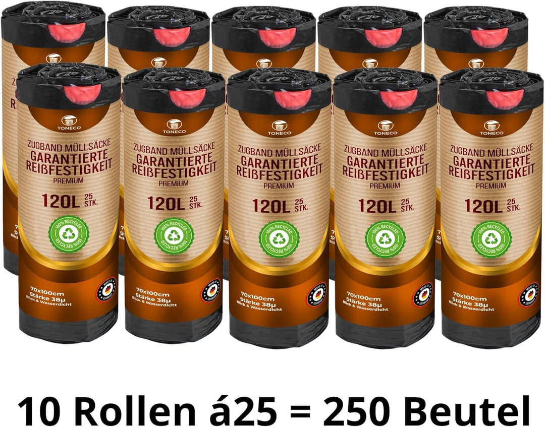 Müllsäcke 120L Schwarz - MIT ZUGBAND - 100 Recycelt - XXL Mülltüten (50 bis 1000 Säcke wählbar) (250