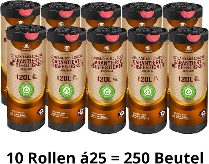 Müllsäcke 120L Schwarz - MIT ZUGBAND - 100 Recycelt - XXL Mülltüten (50 bis 1000 Säcke wählbar) (250