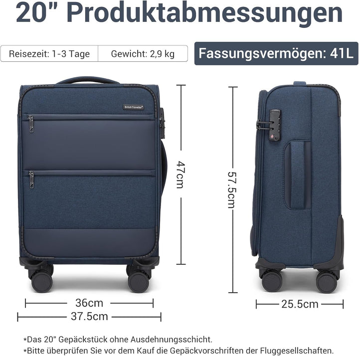 British Traveller Handgepäck Koffer Stoff, 41 Liter-Leichter Weichgepäckkoffer mit separatem Laptop-