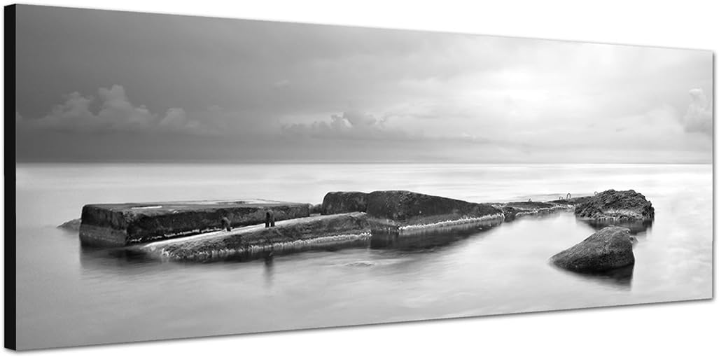 Paul Sinus Art Panoramabild auf Leinwand und Keilrahmen 150x50cm Ukraine Krim Meer Nebel Felsen schw