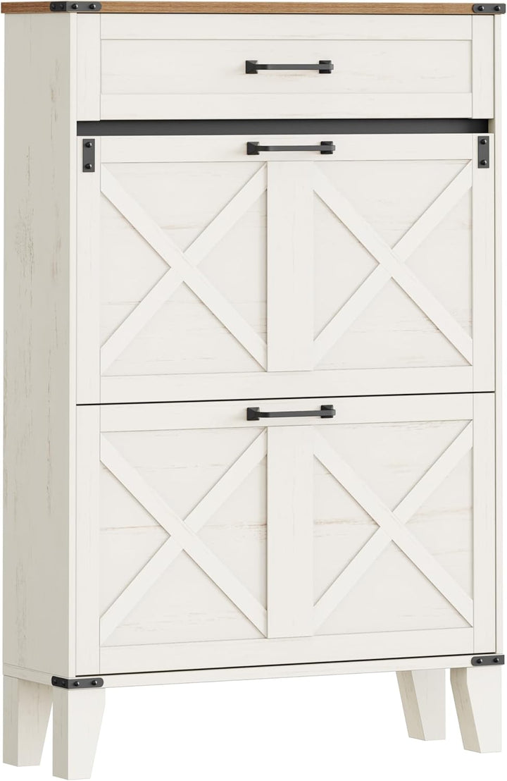 Hzuaneri Schuhschrank mit 2 Klappen, Schuhregal Schuhkipper Schmal, 1 Grosse Schublade, Verstellbar,