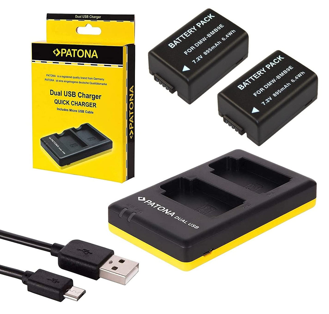 3in1-SET für die Panasonic Lumix DC FZ82 mit 2 Akkus für Panasonic DMW-BMB9 + USB Dual Ladegerät für