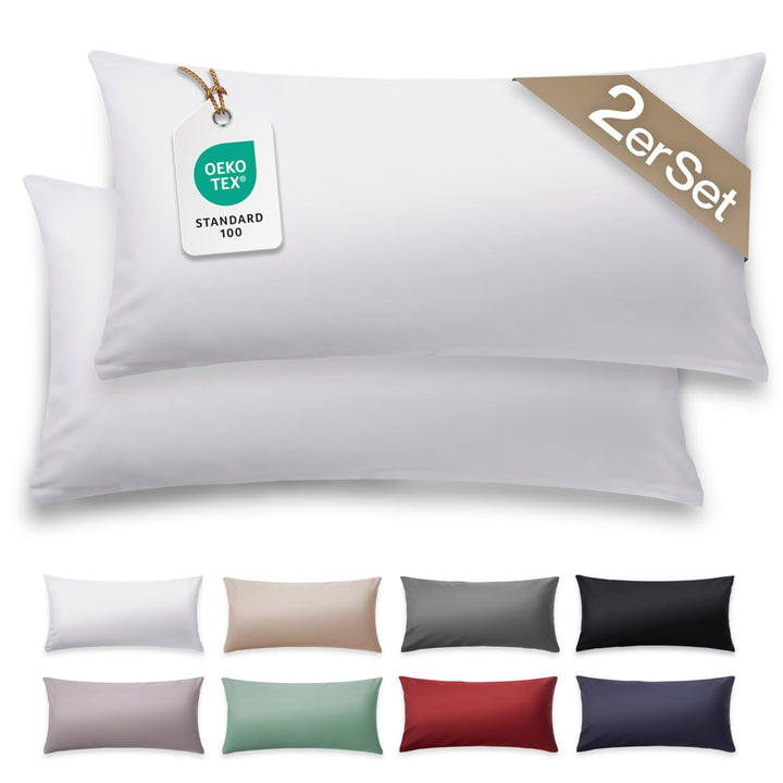 Blumtal Mako Satin Kissenbezug 40 x 80 Baumwolle Weiss - 2er Set Kissenbezüge aus 100% Baumwolle - e