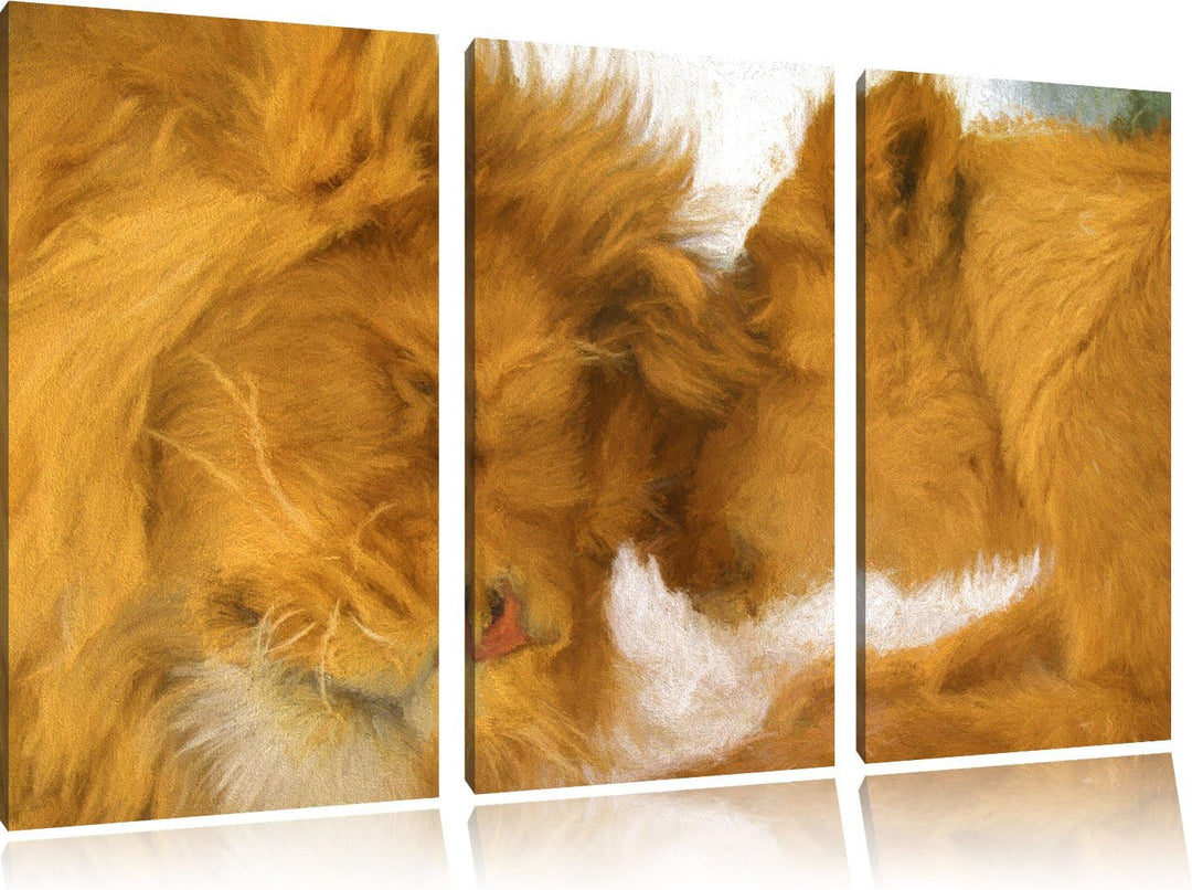 Pixxprint Kuschelnde Löwen Bunstift Effekt 3-Teiler Leinwandbild 120x80 Bild auf Leinwand
