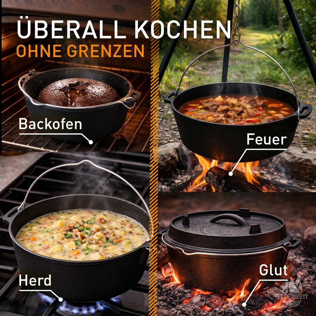 Dutch Oven 6,5L ohne Füsse – Grosser Gusseisen Topf für Herd, Induktion, Backofen, Braten, Brot, Gri