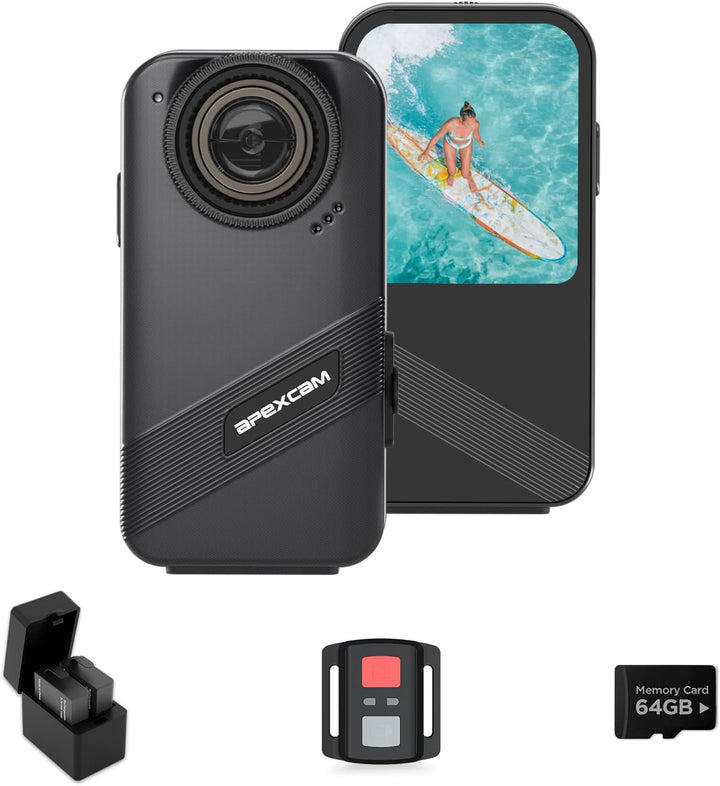 Apexcam K20 Touchscreen Action Cam 4K60FPS 48MP WiFi 8X Zoom EIS 20m Wasserdicht mit 64GB Sportskame