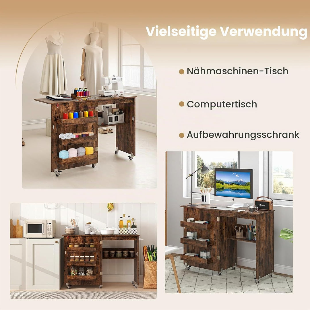 LIFEZEAL Nähmaschinenschrank klappbar, Nähschrank 2 in 1, Schreibtisch Holz mit Haken, Ablage &amp; Roll