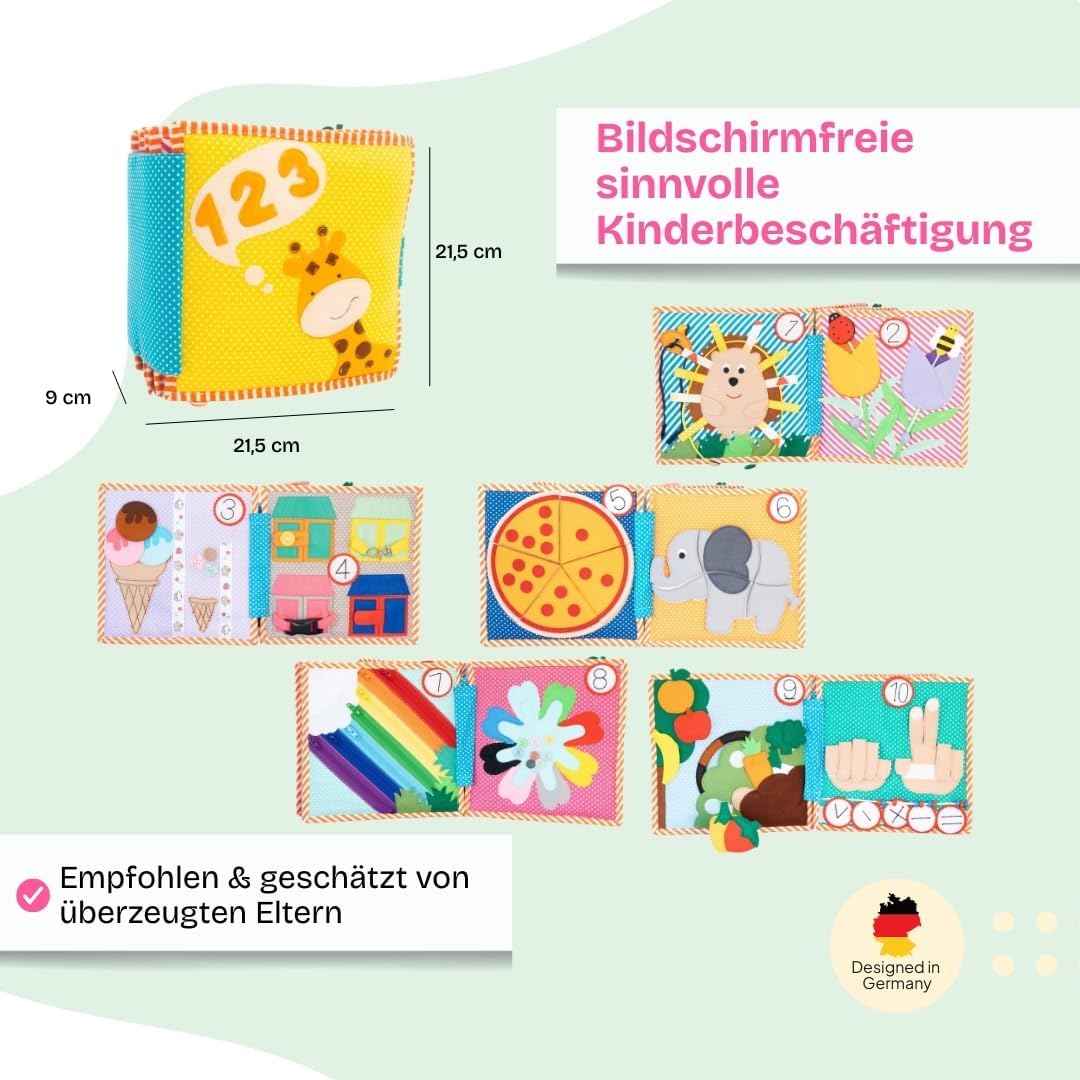 Jolly Designs – 1,2,3 – 10 Seiten Premium - Quiet Book – Montessori Spielzeug ab 3 Jahren – Motorik