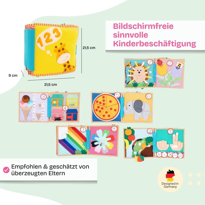Jolly Designs – 1,2,3 – 10 Seiten Premium - Quiet Book – Montessori Spielzeug ab 3 Jahren – Motorik